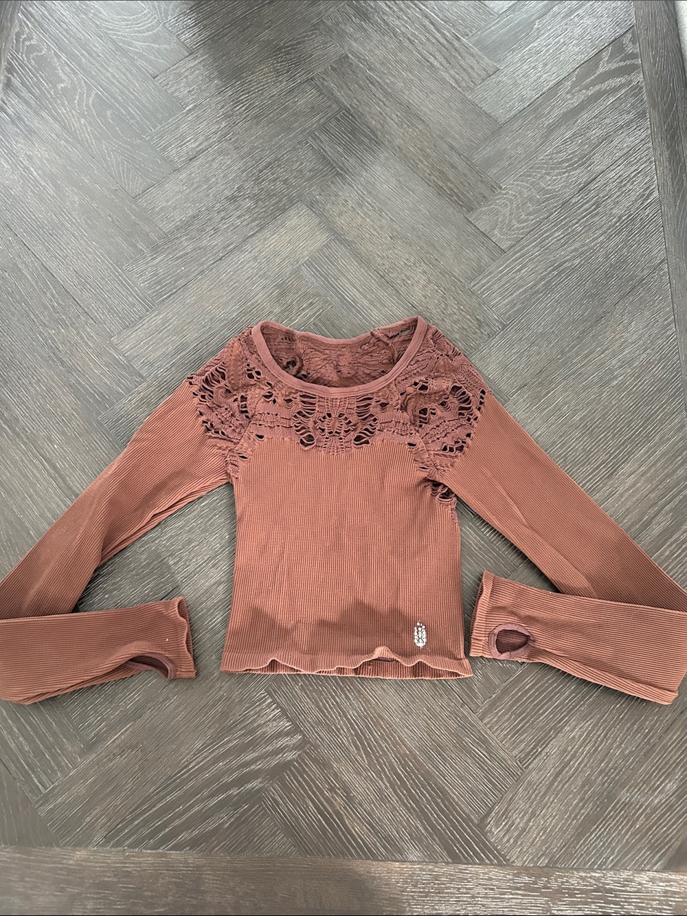 FP Movement by Free People Ribbed Lace-Yoke Long Sleeve Top - Rust